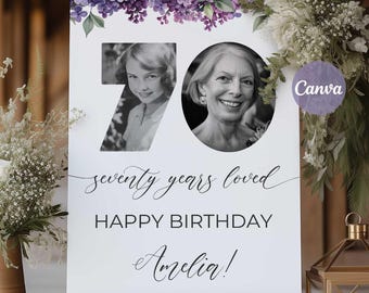 70 Years Loved Birthday Welcome Sign with Photo: Self-Editable Canva Template
