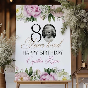Floral 80th Birthday Welcome Sign with Photo (Digital Download)