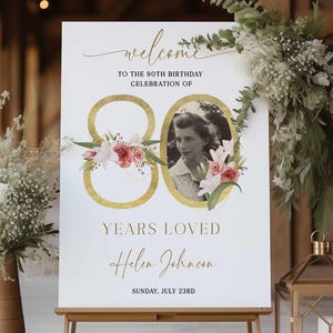 80th Birthday Welcome Sign, 80 Years Loved Sign, Floral and Gold 80th Welcome Sign with Photo