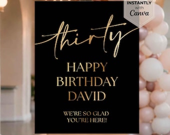 30th Birthday Welcome Sign, Black Gold Canva Template (Digital Download)