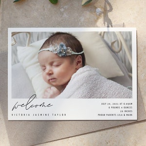 Birth Announcement, Photo Baby Announcement Card, Newborn, Minimalist, 100% Editable Template, Printable, Instant Download, Templett