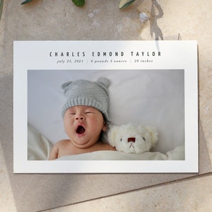 Faire-part de naissance simple avec photo, carte d'annonce de bébé photo, nouveau-né, minimaliste, modèle modifiable, imprimable, Templett, paysage