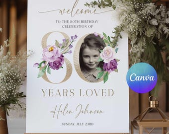 80 Years Loved-bord, welkomstbord 80e verjaardag, bloemen 80e welkomstbord met foto, Look Who's 80 welkomstbord, decoraties 80e verjaardag