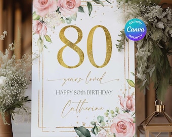 80 Years Loved Sign, 80th Birthday Welcome Sign, Floral 80th Welcome Sign, Look Who's 80 Poster, 80th Birthday Decor