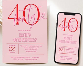 40th Birthday Party Invitation For Women Digital, 40th Birthday Invite Pink, 40th Party Invite for Her, Forty Birthday  Invitation for Women