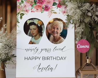 Floral 90th Birthday Welcome Sign with Photos Collage (Digital Download)