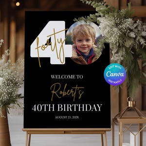 40th Birthday Welcome Sign for Men, 40th Birthday Sign, Photo Welcome Board, Canva Digital Download, Photo Welcome Sign