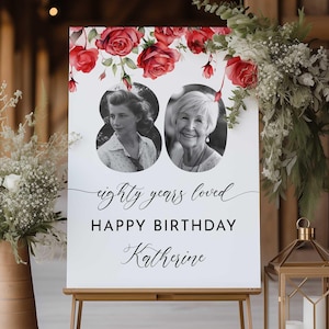 80th Birthday Welcome Sign: Roses, Photo, Editable Template (Digital Download)