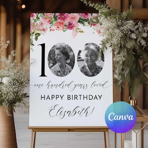 Letrero de cumpleaños número 100, póster floral "100 años de amor": plantilla editable de Canva (descarga instantánea)