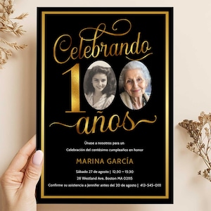 Invitación de cumpleaños número 100 con foto, invitación de cumpleaños de 100 años de amor, invitaciones digitales de 100 años, plantilla editable