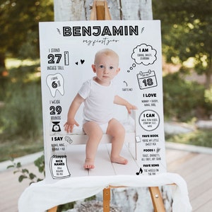 Póster del primer cumpleaños, póster del primer año del bebé, letrero de pizarra con el hito del bebé, plantilla imprimible