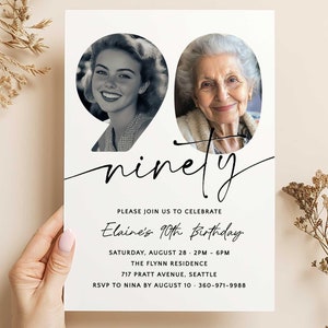 May include: A black and white birthday invitation with a photo of a woman at two different ages. The invitation reads "ninety" and "Elaine's 90th Birthday". The invitation also includes the date, time, location, and RSVP information.
