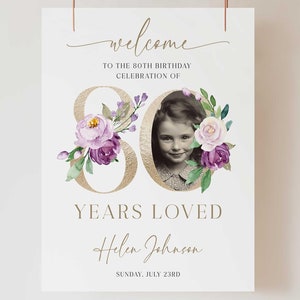 80th Birthday Signage, 80 Years Loved Sign, Floral 80th Welcome Sign with Photo, Look Who&#39;s 80 Welcome Sign, 80th Birthday Decorations