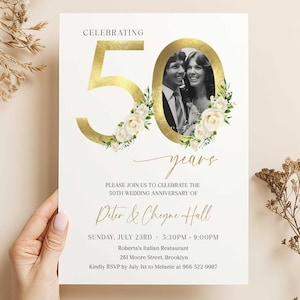 50th Wedding Anniversary Invitations Digital, 50th Anniversary Invitation Roses, Wedding Anniversary Invitation with Photo, Greenery Gold
