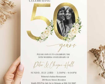 50th Wedding Anniversary Invitations Digital, 50th Anniversary Invitation Roses, Wedding Anniversary Invitation with Photo, Greenery Gold