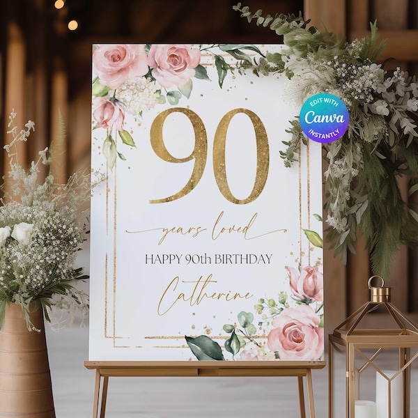 90th Birthday Welcome Sign, Pink and Gold Floral 90 Years Loved: Editable Canva Template