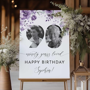 90 Years Loved, 90th Birthday Welcome Sign, Floral 90th Welcome Sign with Photo, 90th Birthday Decorations