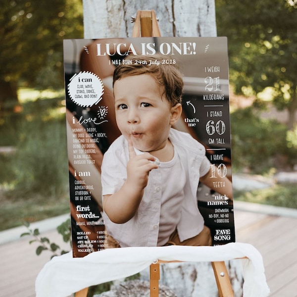 Tablero de fotos de hitos de primer cumpleaños EDITABLE, impresión de primer cumpleaños para niño y niña, diseño de hitos fotográficos, cartel de cumpleaños, recuerdo de bebé