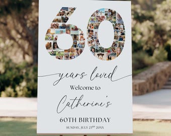 60th Birthday Welcome Sign Template, Photo Collage Canva Editable Template, 60th Birthday Gift, Customizable Digital Download