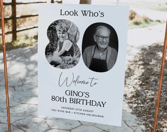 Panneau de bienvenue du 80e anniversaire, panneau de bienvenue du 80e avec photo, panneau de bienvenue Look Who's 80, panneau de bienvenue moderne du 80e anniversaire, affiche de bienvenue d'anniversaire