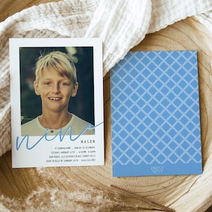 Boys 9th Birthday Invitation with photo, Simple 9th birthday invitation with photo, Boy Nine birthday invitation Blue, Minimal 9th Invites