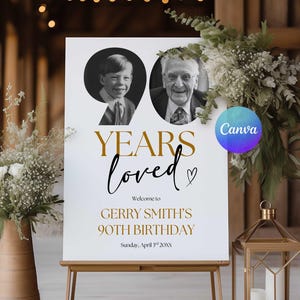 90th Birthday Welcome Sign with Photo: Modern Canva Template (Digital Download)
