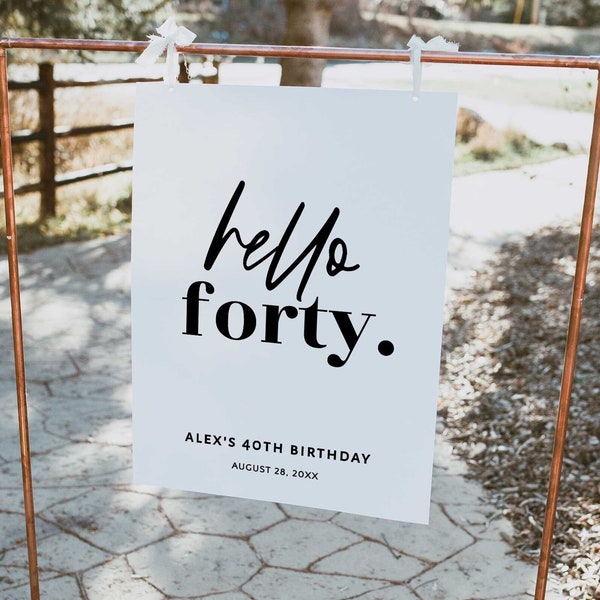 Minimalist HELLO FORTY 40th Birthday Party Welcome Sign, Hello 40 Welcome Poster, Simple 40th Sign Editable Template, 40th Sign Printable