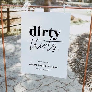 Minimalist DIRTY THIRTY 30th Birthday Party Welcome Sign, Dirty 30 Welcome Poster, Simple 30th Sign Editable Template, 30th Sign Printable
