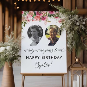 Panneau 100 ans d'amour, panneau de bienvenue 99e anniversaire, panneau de bienvenue floral 99e avec photo, panneau de bienvenue Look Who's 99, décorations du 99e anniversaire