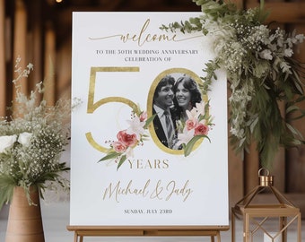 50th Wedding Anniversary Welcome Sign Poster, 50th Anniversary Decor, Golden Wedding Welcome, Photo Anniversary Welcome sign