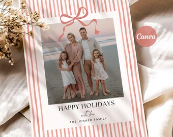 2025 Christmas Card, Striped Holiday Photo Card Template with Christmas Bow: Editable Canva Template, Instant Download