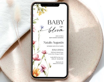 Baby In Bloom E-vite, invitación E-vite Baby Shower, Wildflower Baby Shower, plantilla Baby Shower E-vite, invitación de texto de Baby Shower