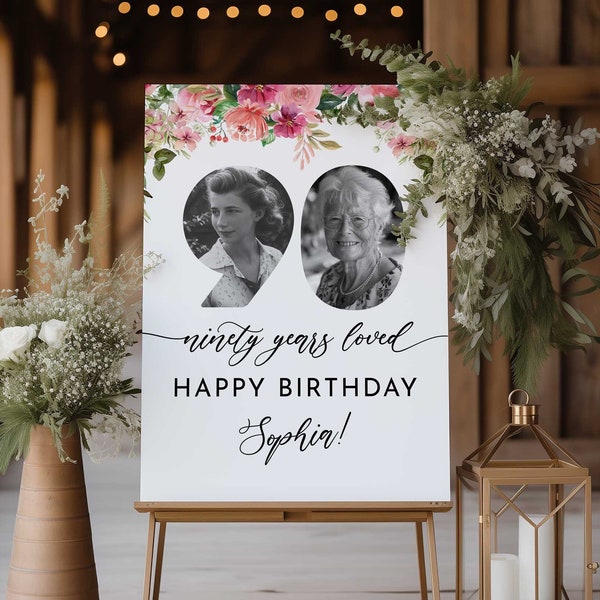 90 Years Loved Sign, 90th Birthday Welcome Sign, Floral 90th Welcome Sign with Photo, Look Who's 90 Welcome Sign, 90th Birthday Decorations