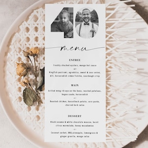 Menukaarten 40e verjaardag, 40e menu DL, bewerkbare menusjabloon 40e verjaardag, eenvoudig zwart-witmenu, gepersonaliseerd menu met foto