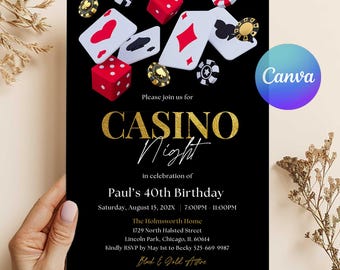 Invitación para 40 cumpleaños con temática de casino, plantilla editable de Canva, invitación imprimible o digital para cumpleaños de casino.