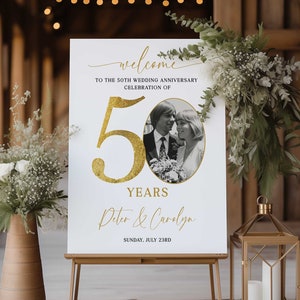 Placa de cartaz do sinal do 50º aniversário de casamento, decoração do 50º aniversário, boas-vindas douradas do casamento, sinal de boas-vindas do aniversário da foto