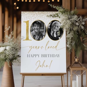 100 Years Loved Sign for Men, 100th Birthday Welcome Sign for Male, Gold 100th Welcome Sign with Photo, 100th Birthday Decorations