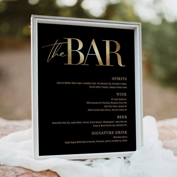 ZARA Schwarz und Gold Bar Schild, Elegantes Bar Menü 8x10, Hochzeit Getränke Schild Druckbare Vorlage, Das Bar Menü 18x24, Moderne Bar Menü