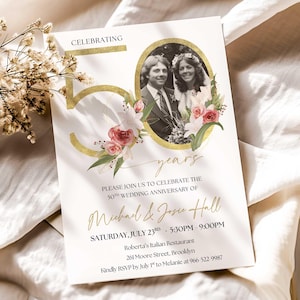 Invitación fotográfica para el 50.º aniversario, elegante diseño verde dorado (descarga digital, plantilla de Canva)