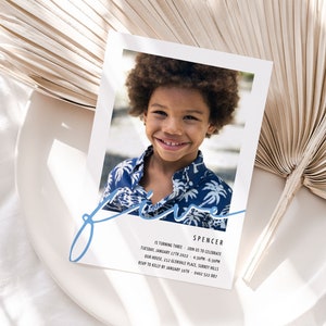Boys 5th Birthday Invitation with photo, Simple 5th birthday invitation with photo, Boy Five birthday invitation Blue, Minimal 5th Invites