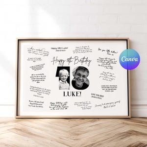 Op de afbeelding: Een ingelijste print met een goudkleurige lijst, met een zwart-wit foto van een persoon en de tekst "Happy 18th Birthday Luke!" omringd door handgeschreven berichten. Het Canva-logo is zichtbaar.