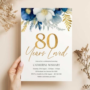 80 Jahre geliebt Geburtstagseinladung, druckbare 80. Geburtstagsfeier lädt ein, Blumen 80. Geburtstagseinladung