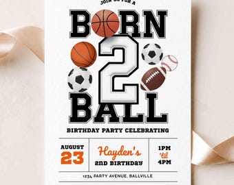 Editable Born Two Ball Invitation, 2nd Birthday Game Time Invite Template (Digital Download)