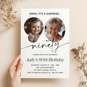90th Birthday Woman Printable, Surprise 90th Birthday Party Invitations, 90th Birthday Invitation With Photo Editable Template