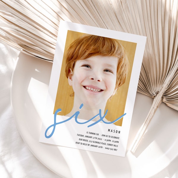 Boys 6th Birthday Invitation with photo, Simple 6th birthday invitation with photo, Boy Six birthday invitation Blue, Minimal 6th Invites