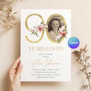 90 Years Loved Birthday Invitation, Pink Floral 90th Birthday Invites, Canva 90th Birthday Party Invitation, 90 Year Editable Template image 1