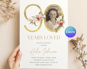 90 Years Loved Birthday Invitation, Pink Floral 90th Birthday Invites, Canva 90th Birthday Party Invitation, 90 Year Editable Template