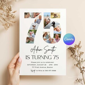 75th Birthday Invitation Template: Photo Collage, Editable Canva Design (5x7 Double Sided, Digital Download