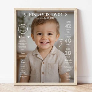 Könnte beinhalten: Ein rechteckiges Poster mit Holzrahmen zeigt das Foto eines lächelnden Kleinkindes in einem beigen Hemd. Der Text enthält 'FINLAY IS TWO!', Geburtsdatum, eine Körpergröße von 107 cm, ein Gewicht von 18 kg, 20 Zähne und Lieblingsdinge.