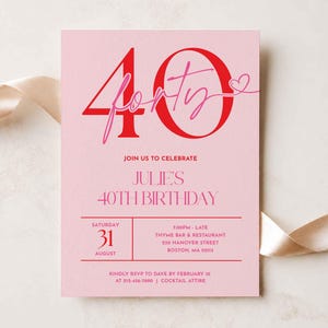 Editable pink 40th birthday invitation with modern scalloped design, bold red “40” script, feminine typography, and elegant layout, displayed on a soft neutral background with white daisies—perfect printable Canva template for a stylish women’s 40th party invite.